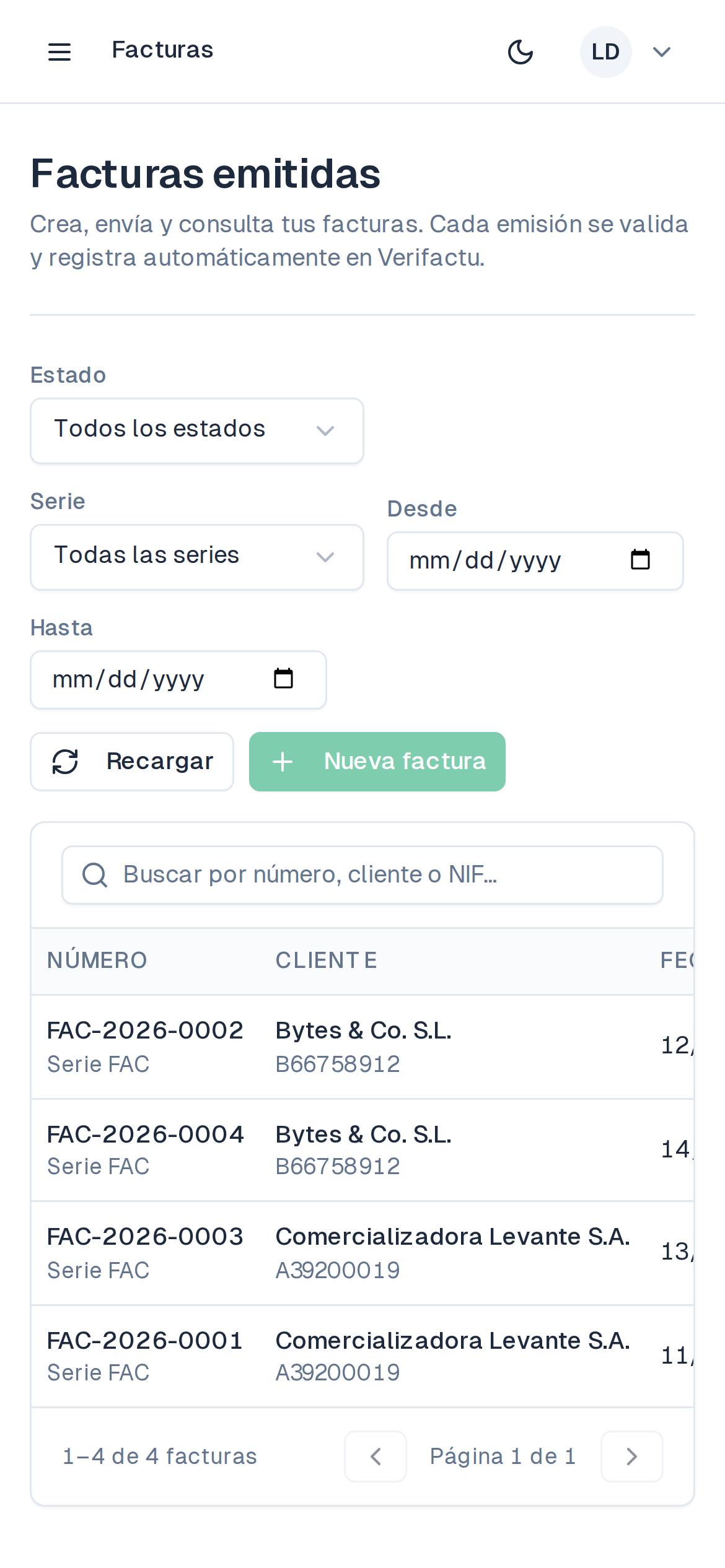 Listado de facturas de Factugesa en móvil