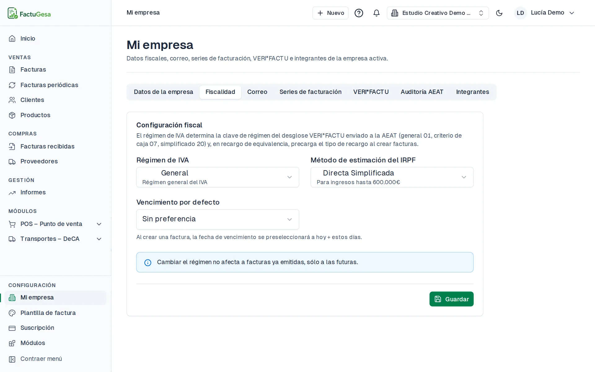 Pestaña Fiscalidad de la empresa