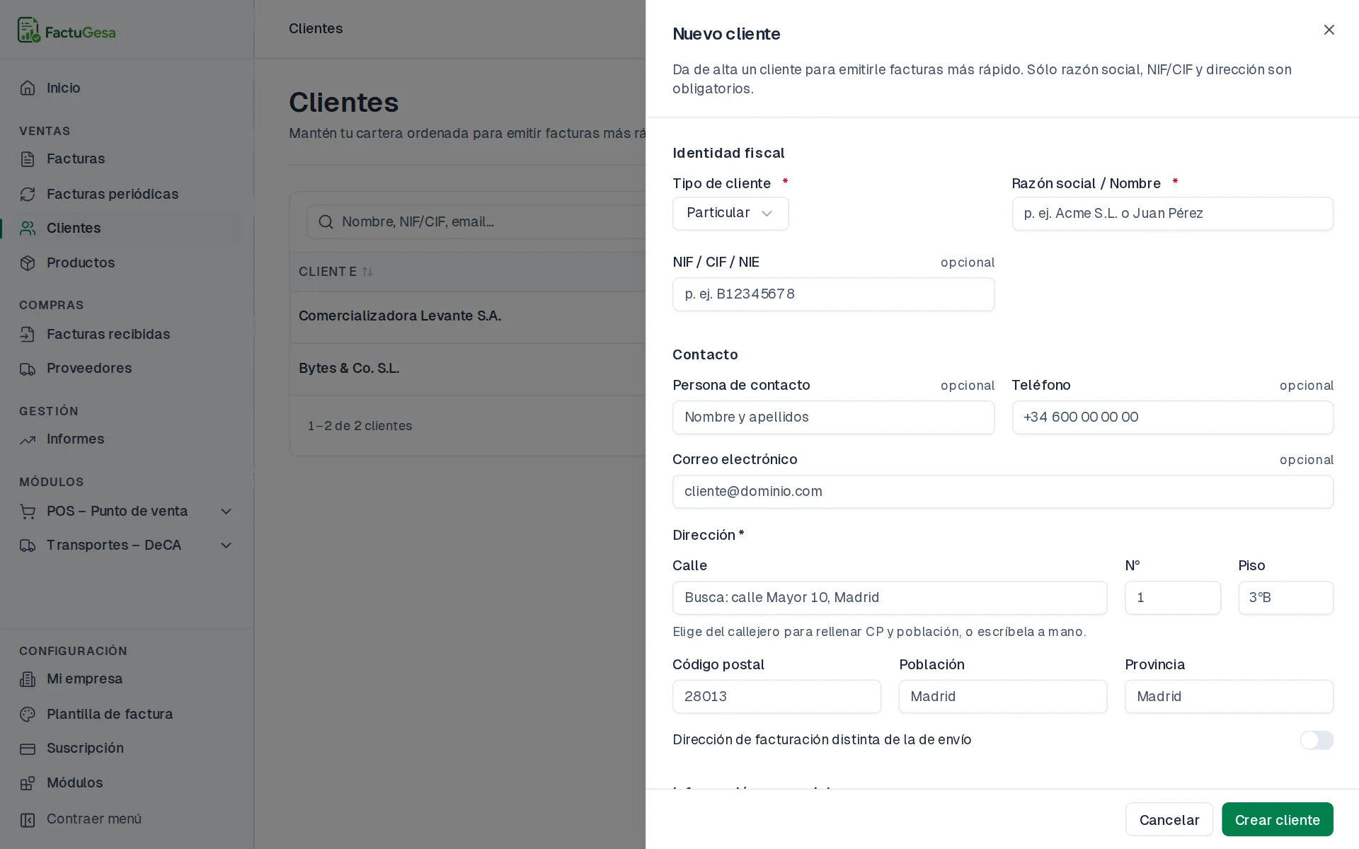Formulario de nuevo cliente