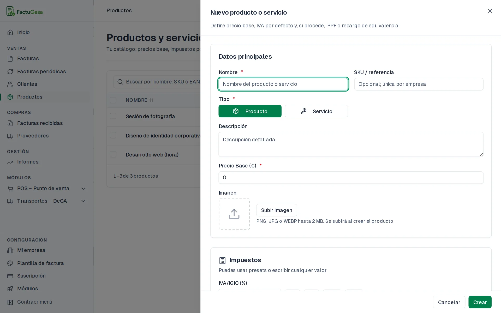 Formulario de nuevo producto o servicio