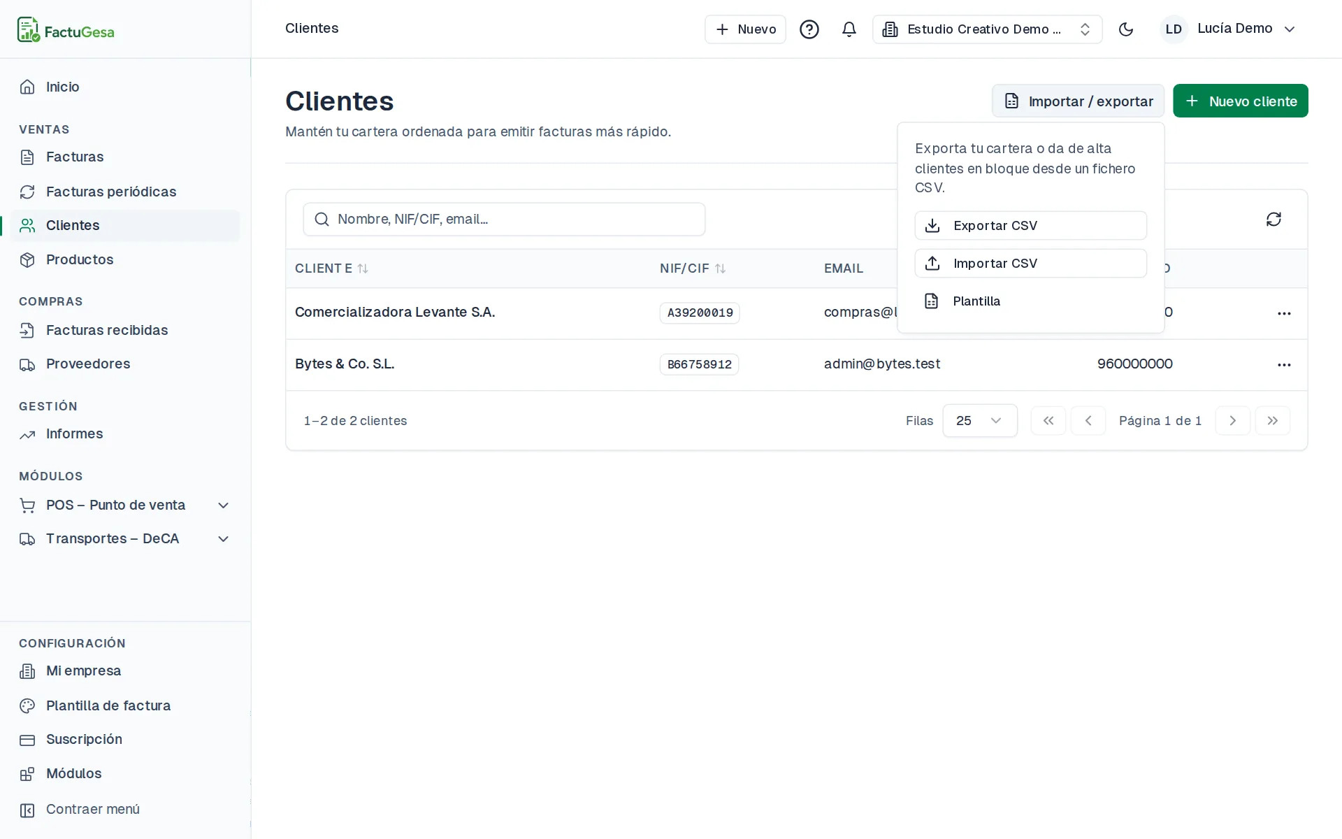 Menú Importar / exportar de clientes con Exportar CSV, Importar CSV y Plantilla