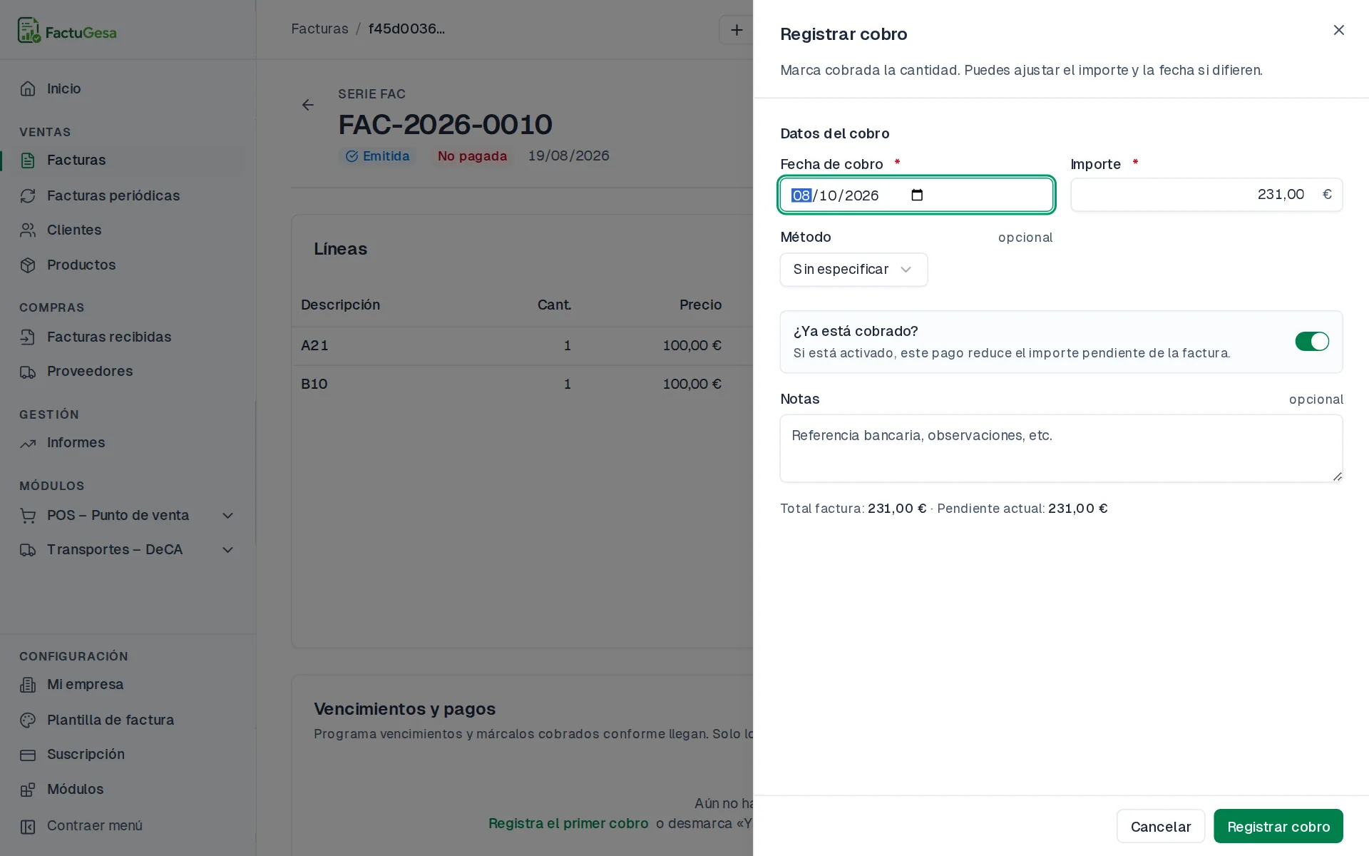 Formulario para registrar un cobro
