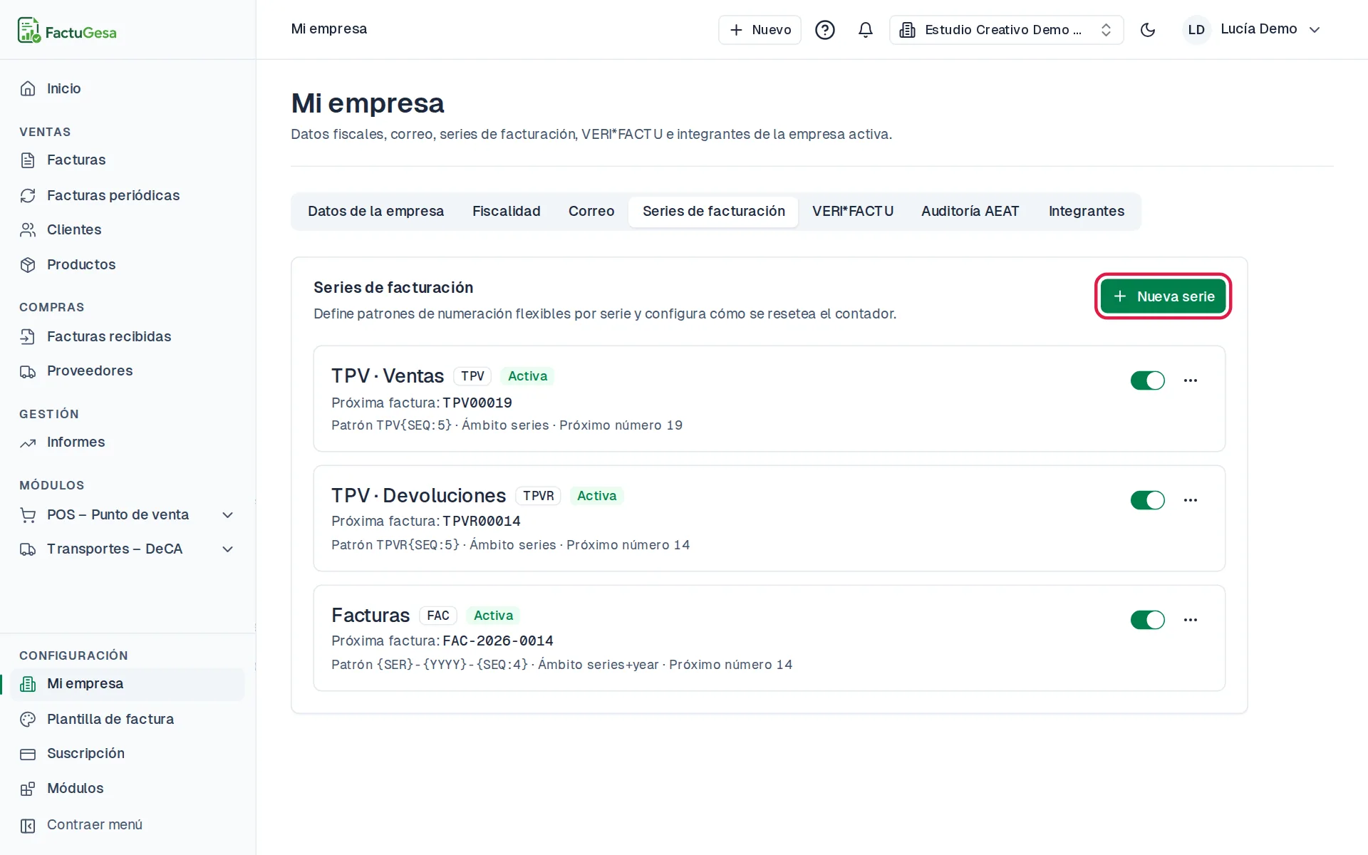 Listado de series de facturación con el botón Nueva serie