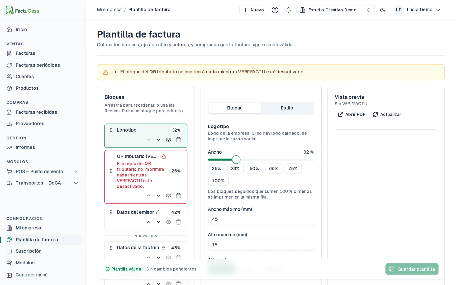 Editor de plantilla de factura: bloques, propiedades y vista previa