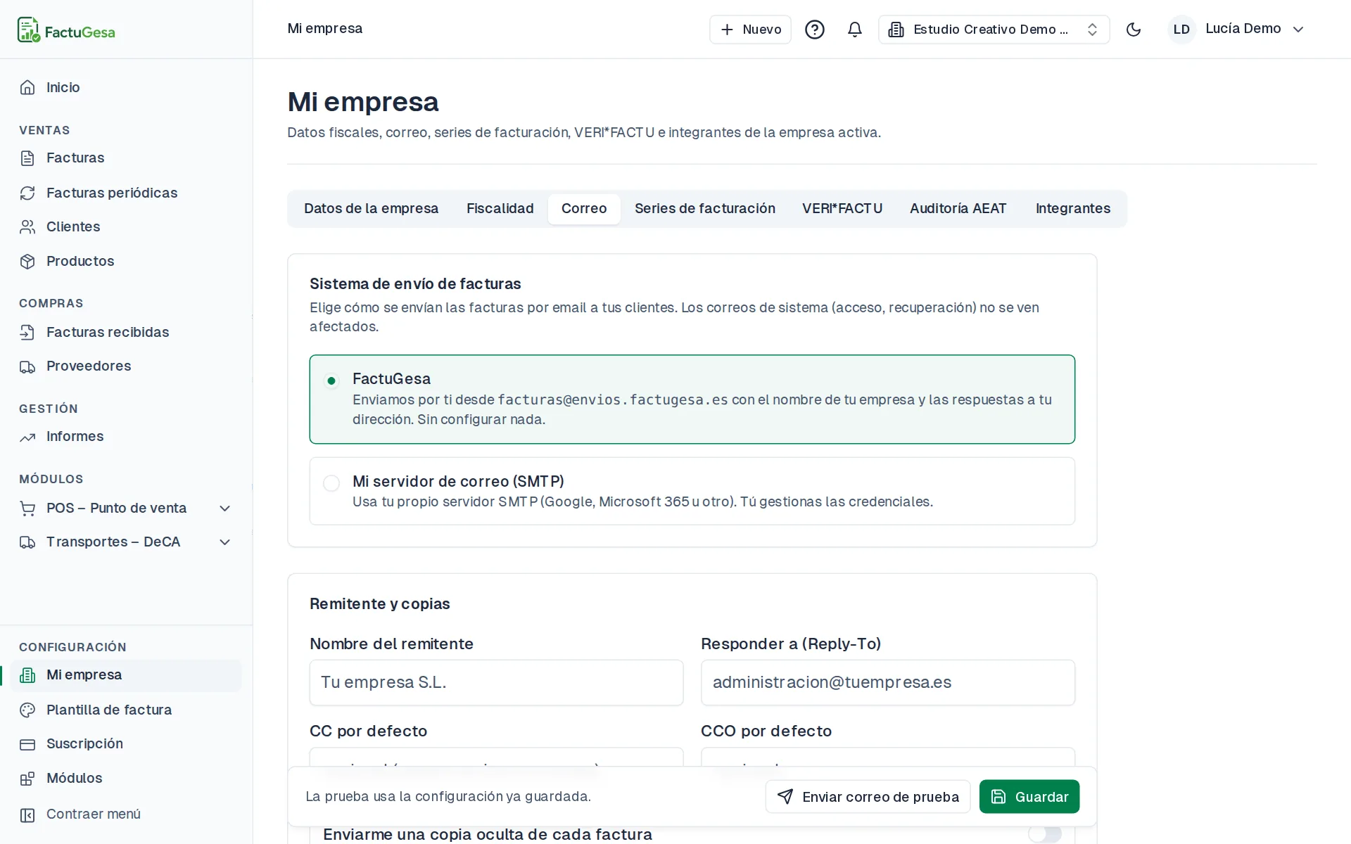 Pestaña Correo con la configuración de envío de facturas
