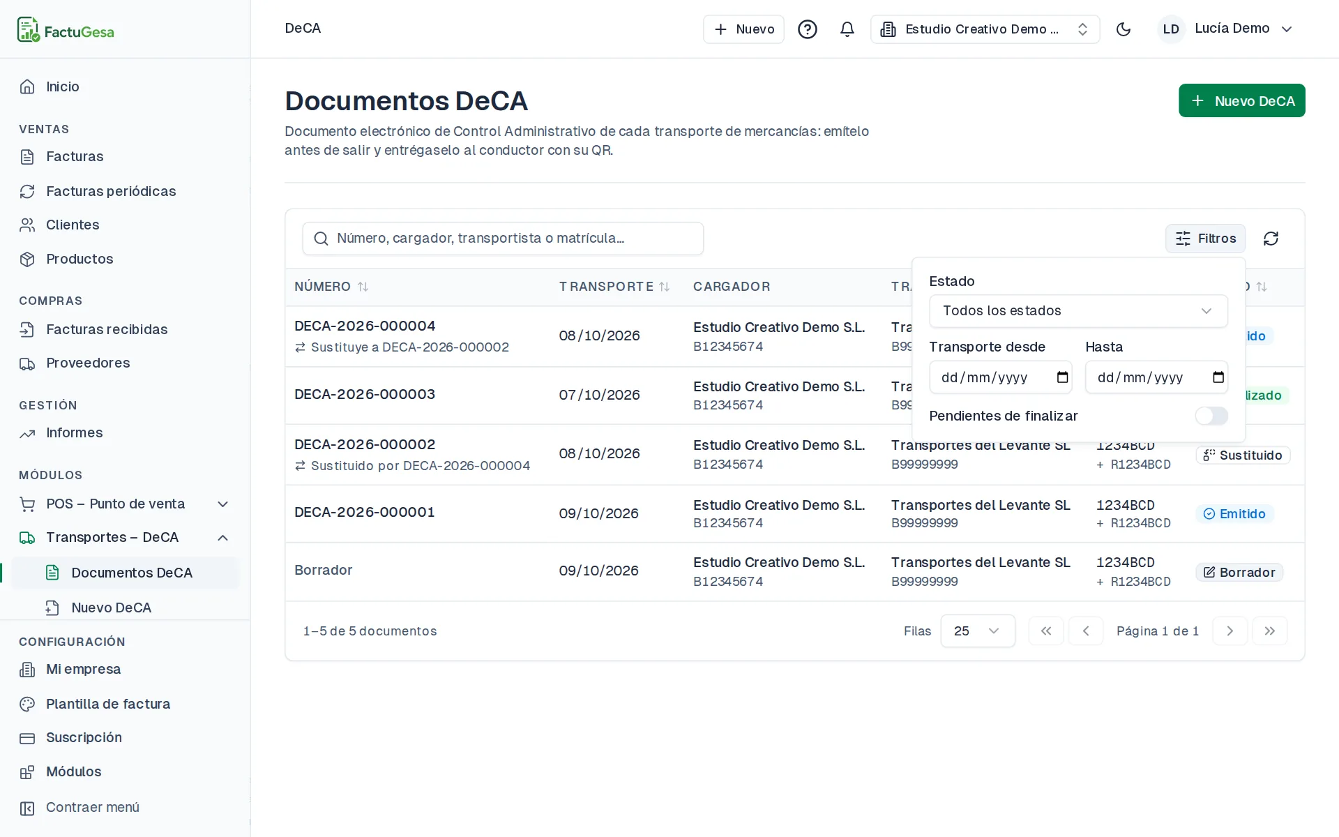 Listado de documentos DeCA con el panel de filtros abierto