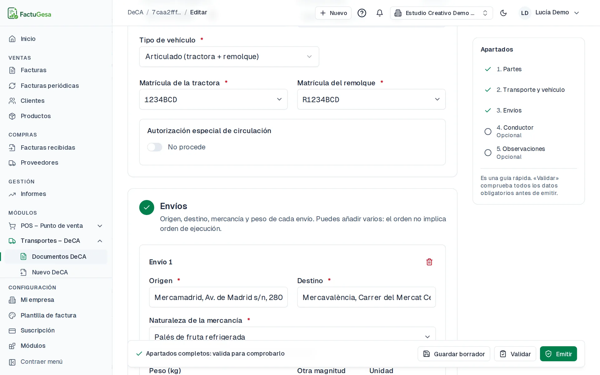 Sección de envíos del formulario DeCA