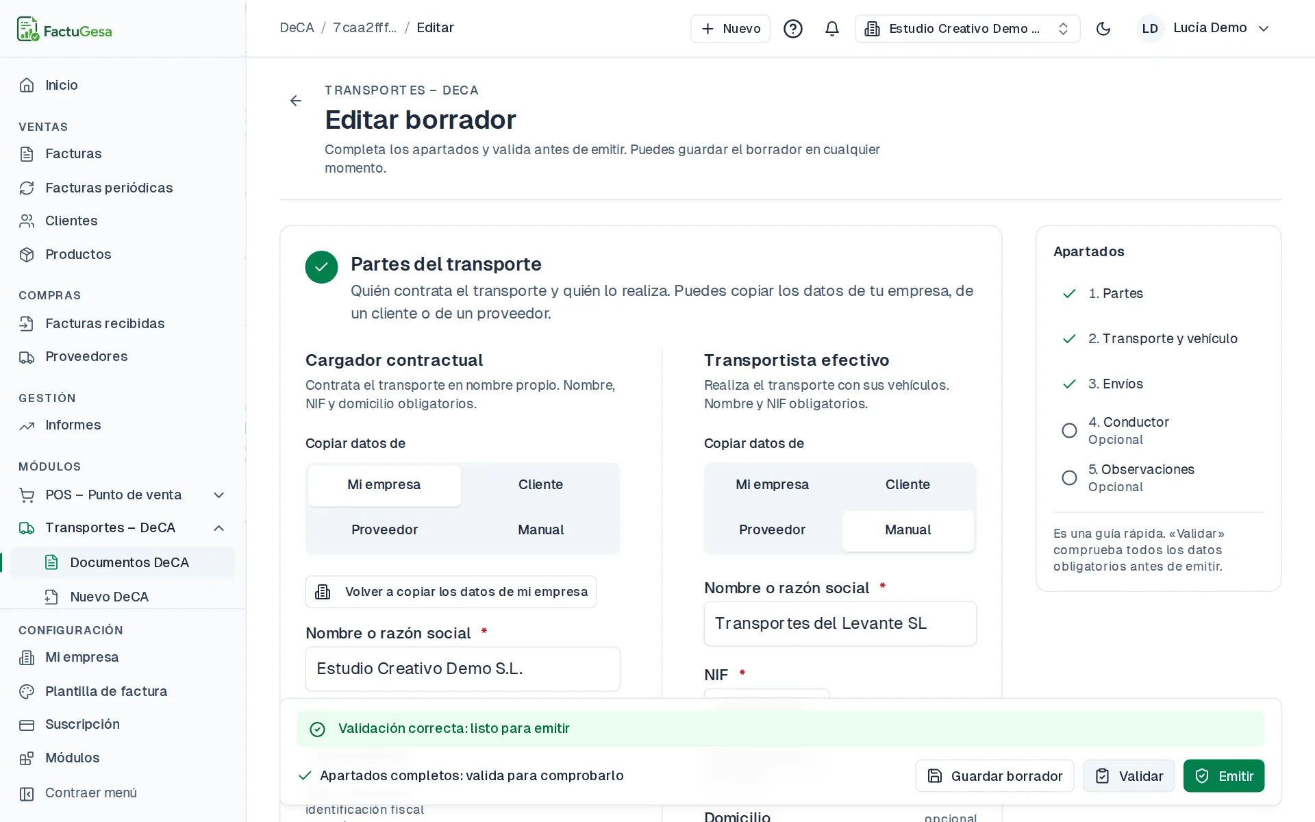 Barra inferior del formulario DeCA con la validación correcta