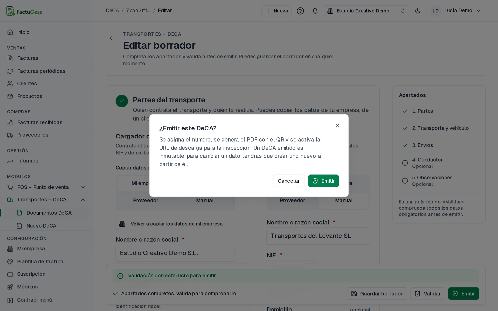 Diálogo de confirmación de emisión