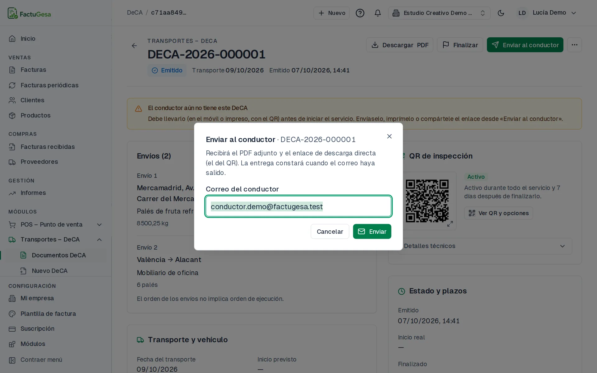 Diálogo para enviar el DeCA al conductor por correo