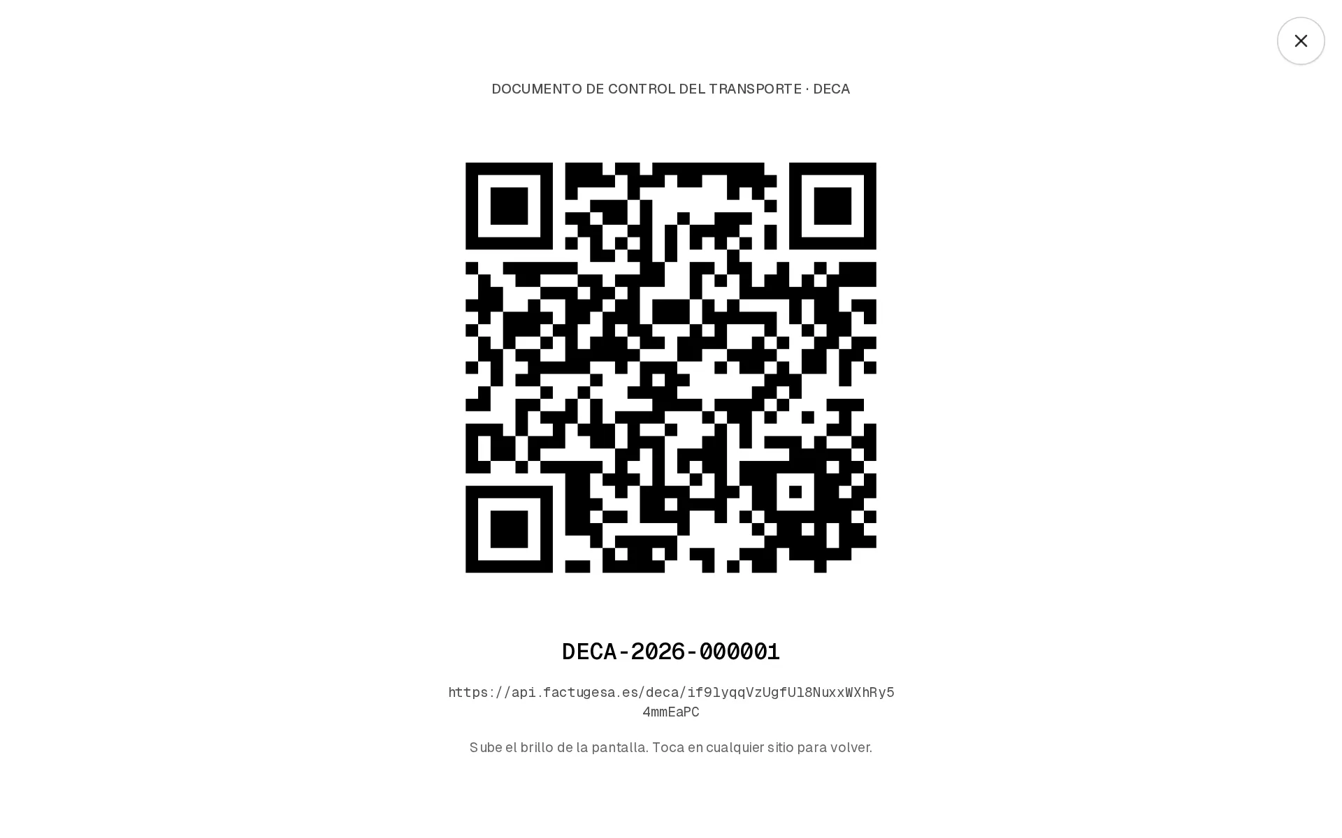 QR a pantalla completa para mostrarlo al inspector