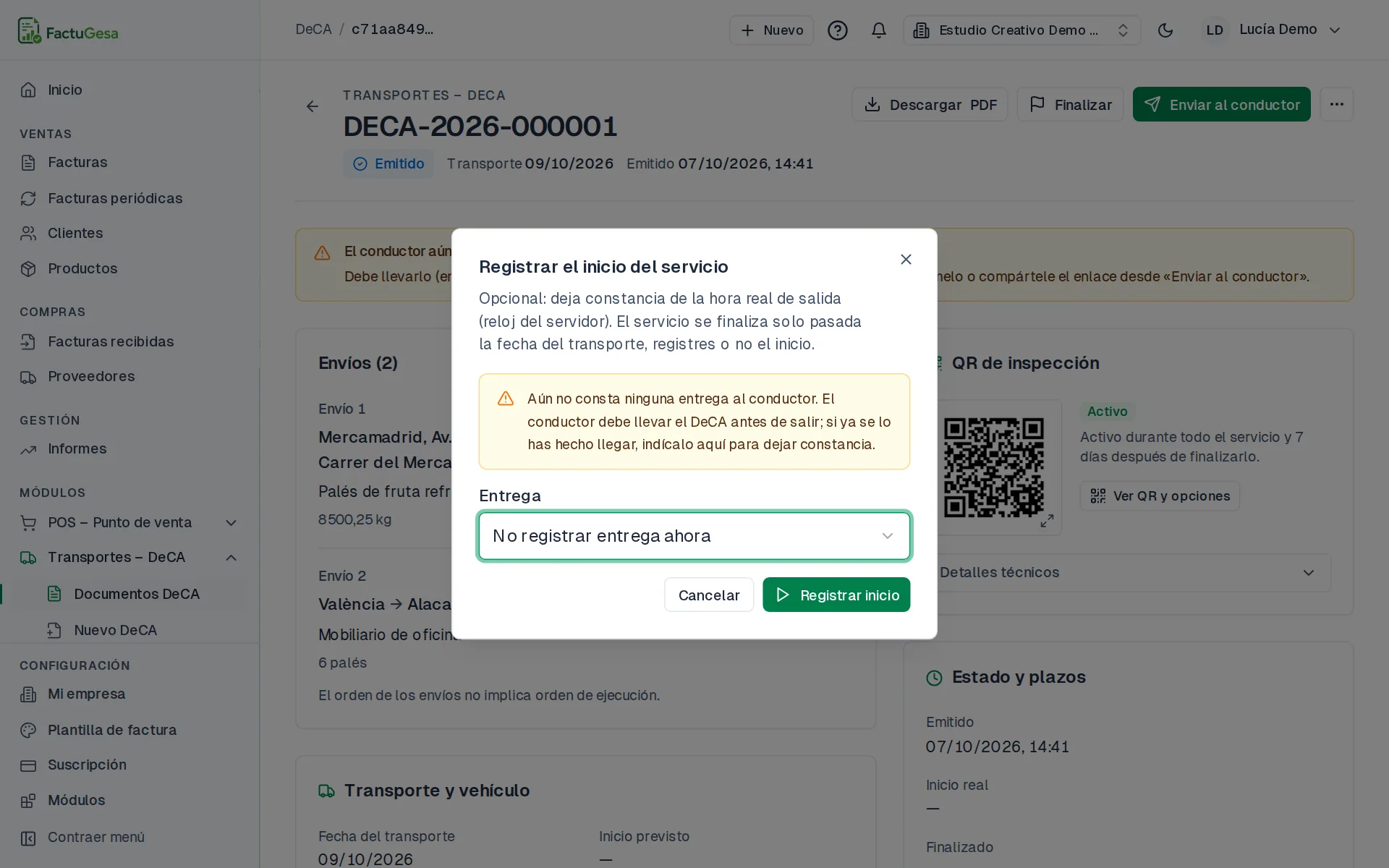 Diálogo opcional para registrar el inicio del servicio