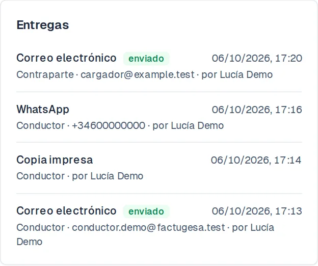 Tarjeta de entregas con las evidencias registradas