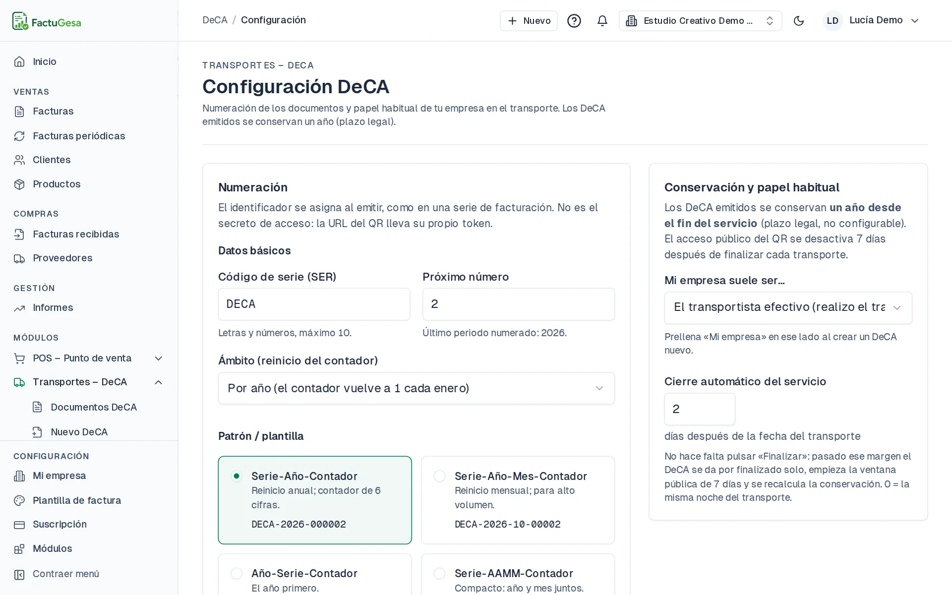 Configuración DeCA con numeración y papel habitual