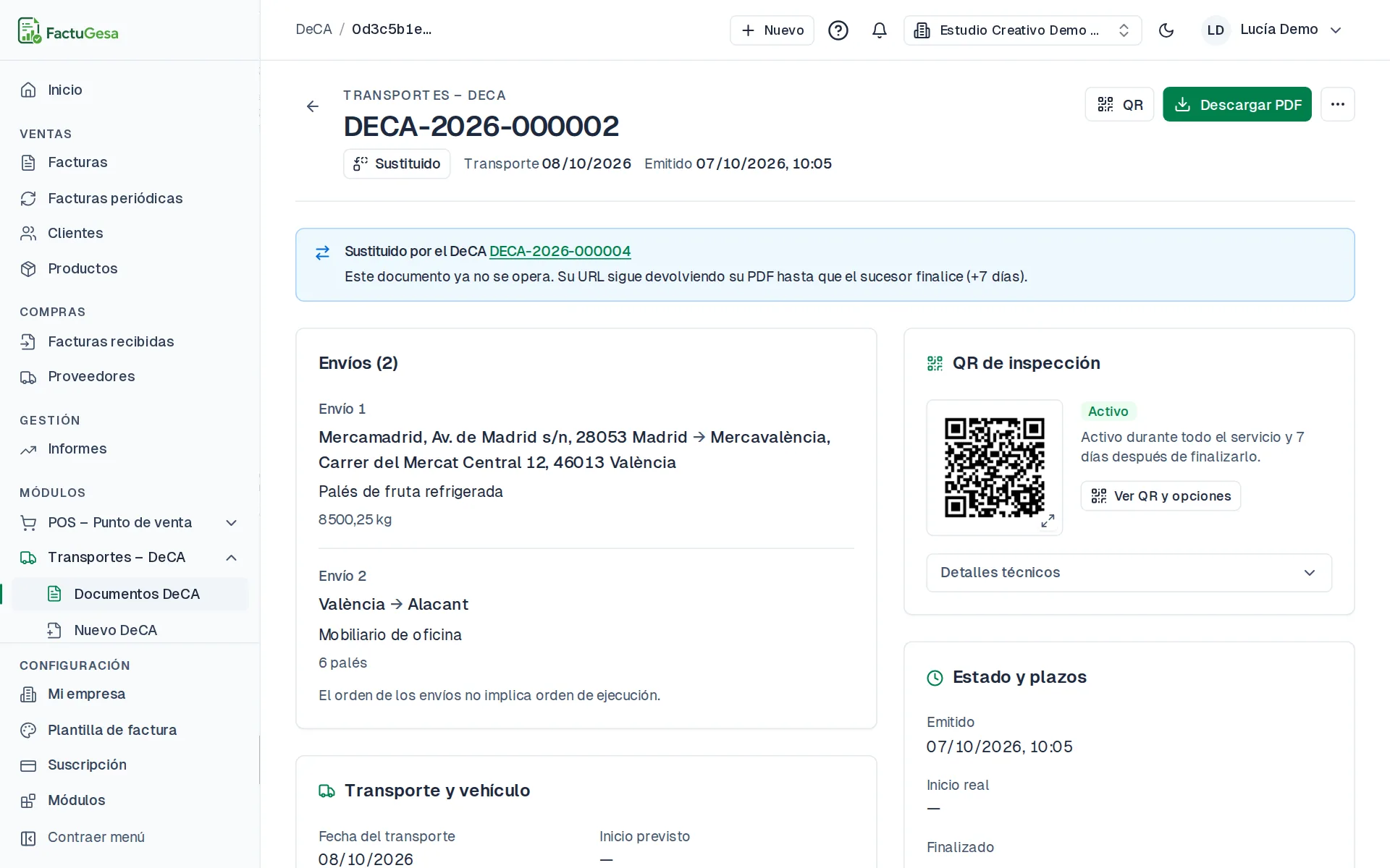 Detalle de un DeCA sustituido con el enlace al documento que lo sustituye