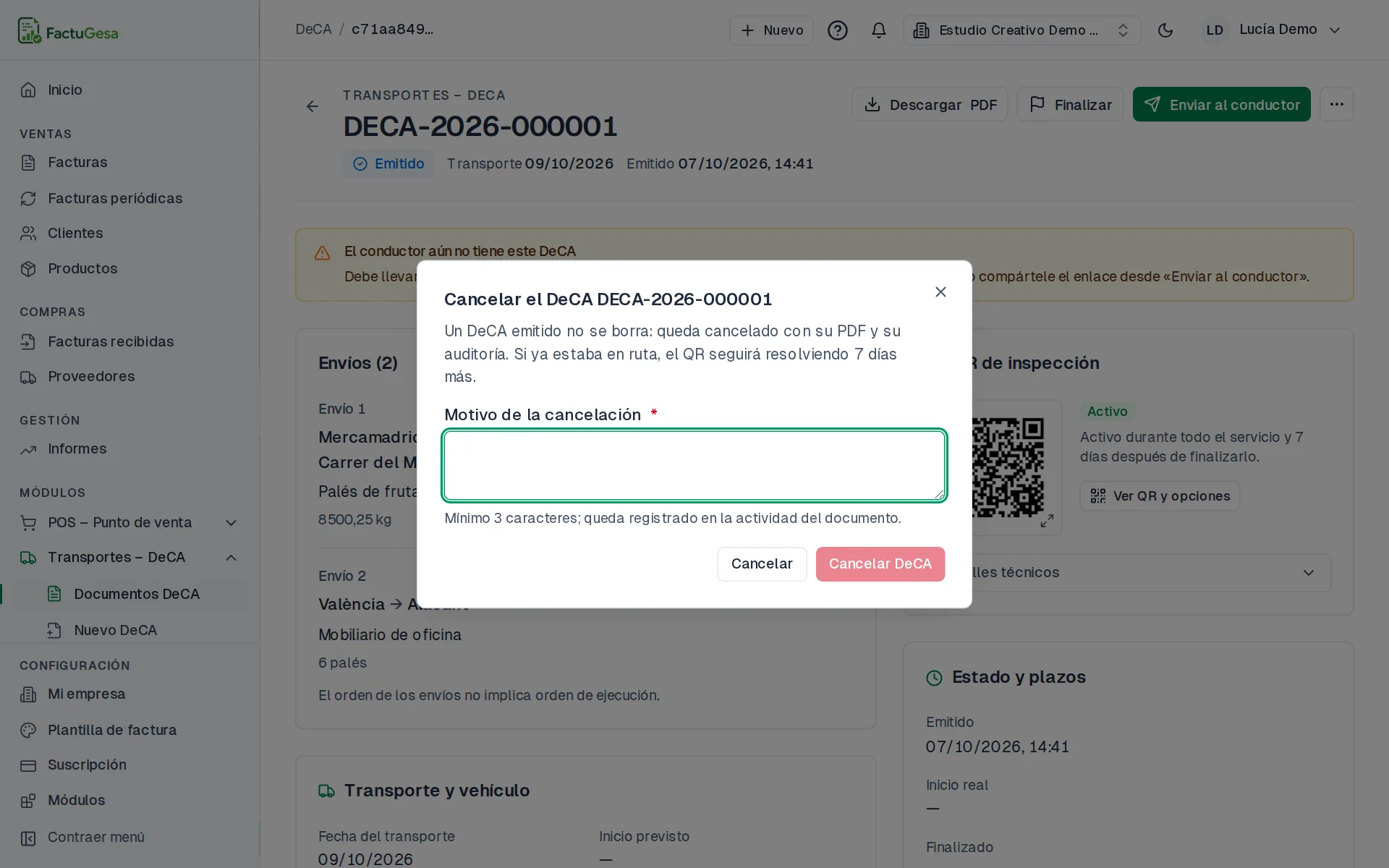 Diálogo de cancelación de un DeCA