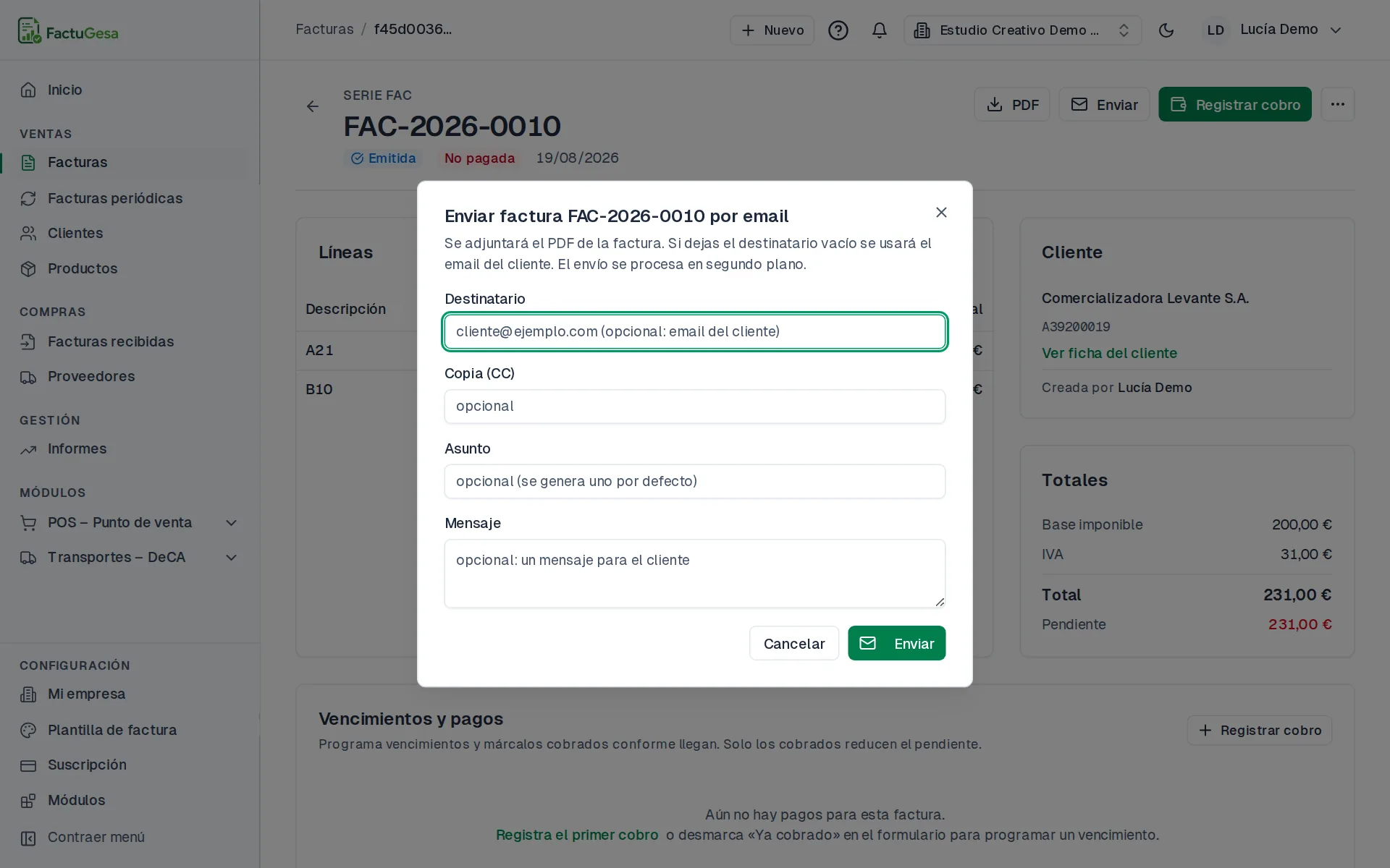Diálogo de envío de la factura por correo