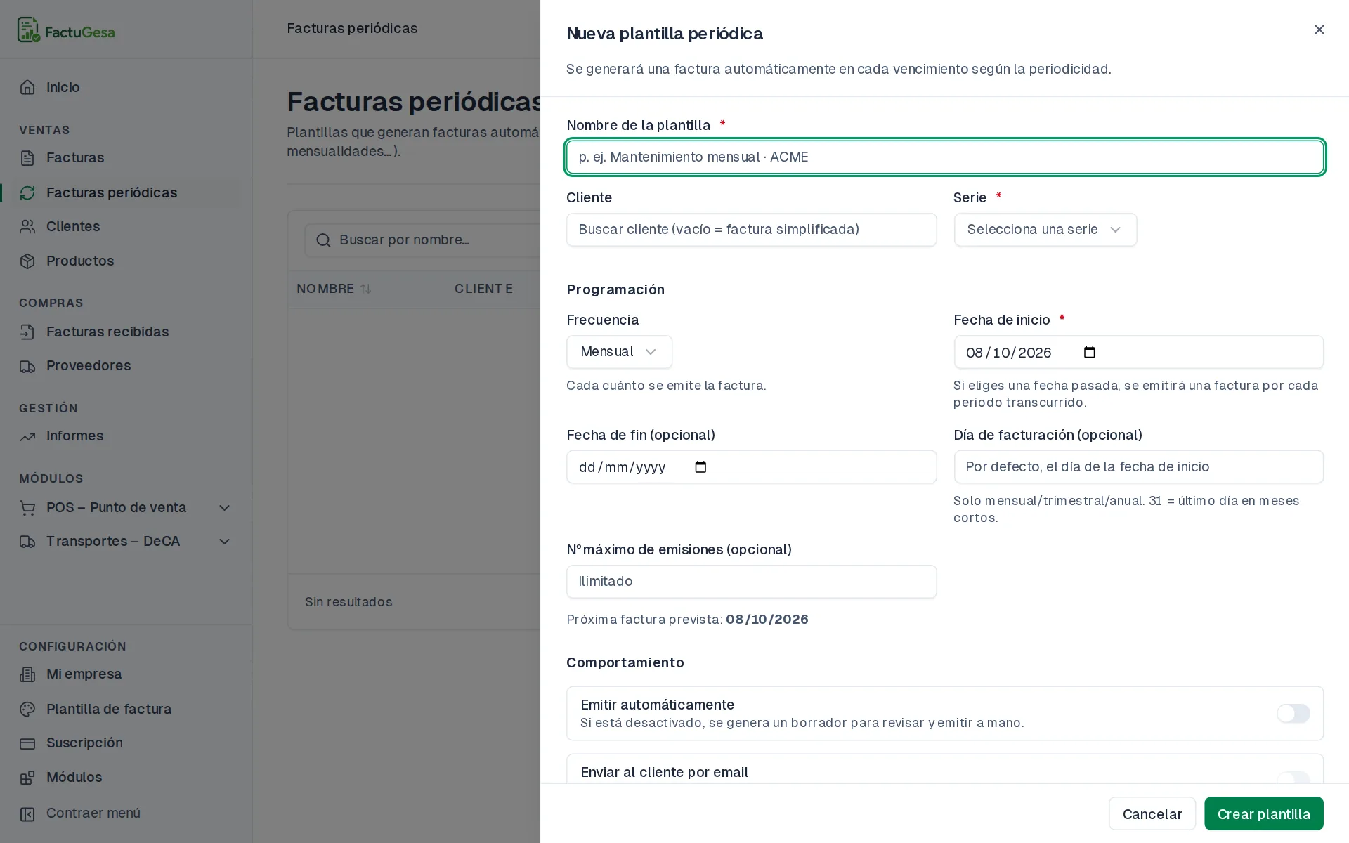 Formulario de nueva plantilla periódica