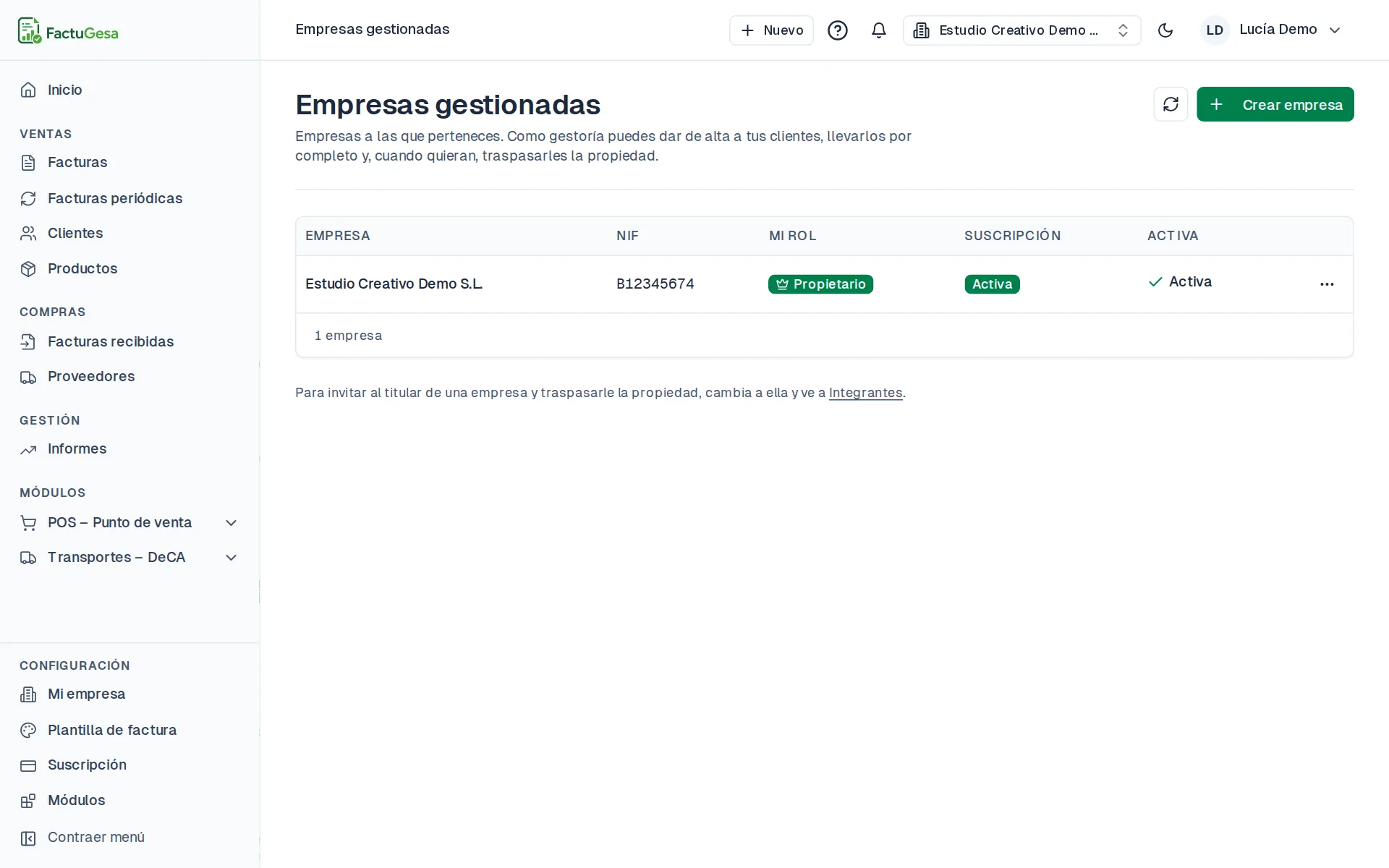 Listado de empresas gestionadas