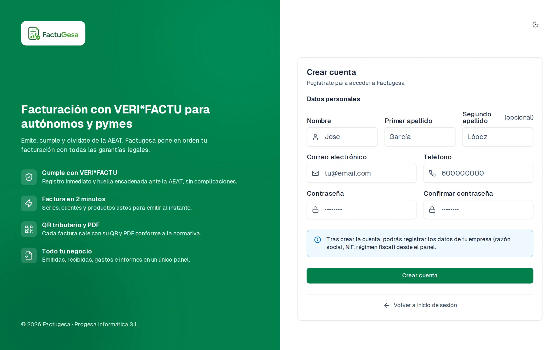 Formulario de registro de FactuGesa