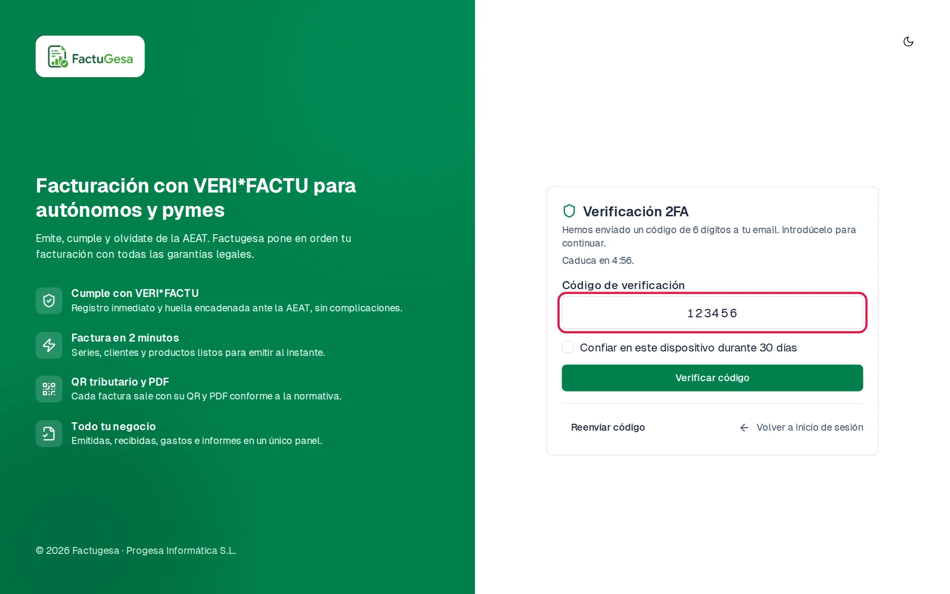 Pantalla de verificación con el código de 6 cifras