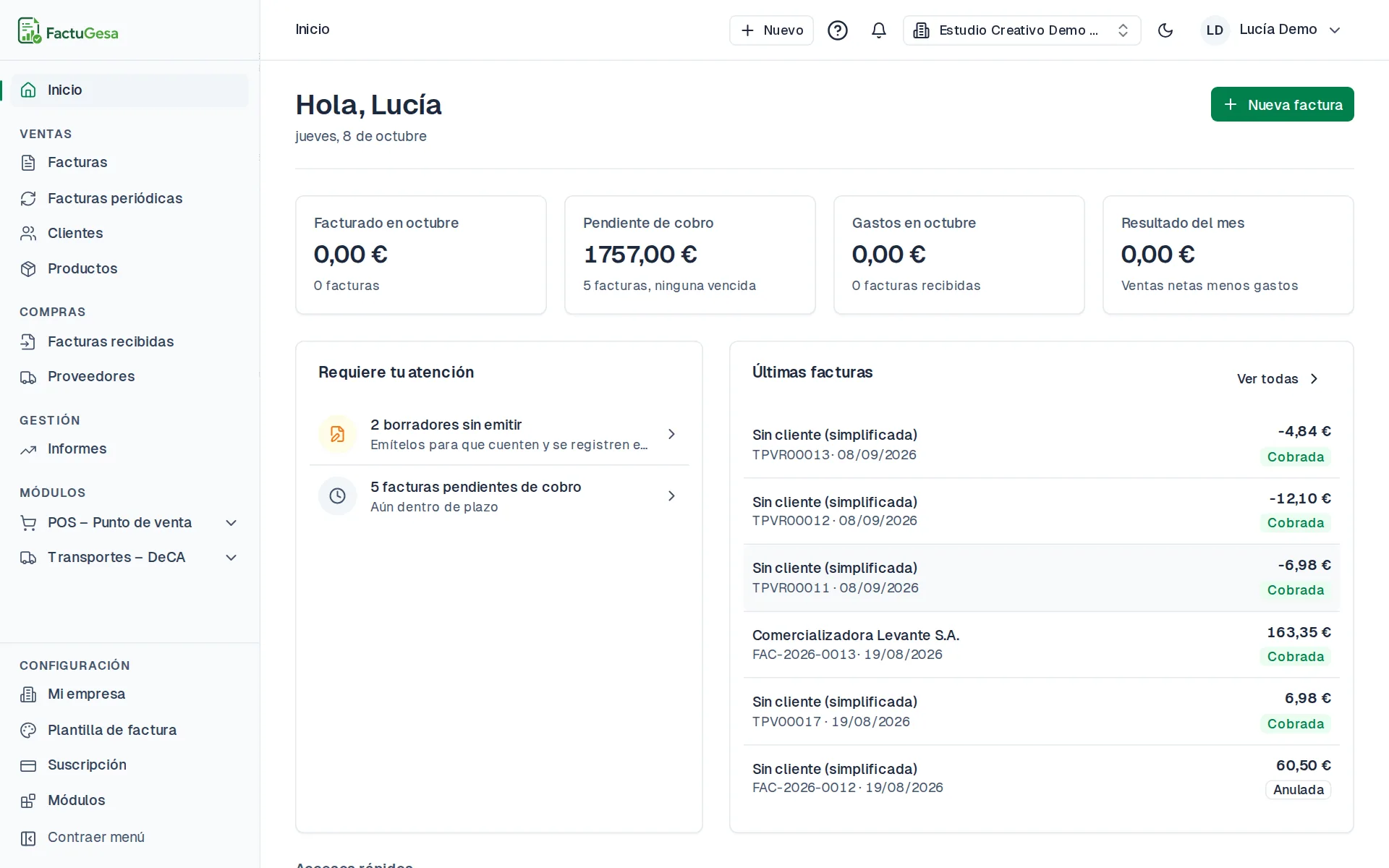 Pantalla de Inicio con el resumen del mes y el menú lateral
