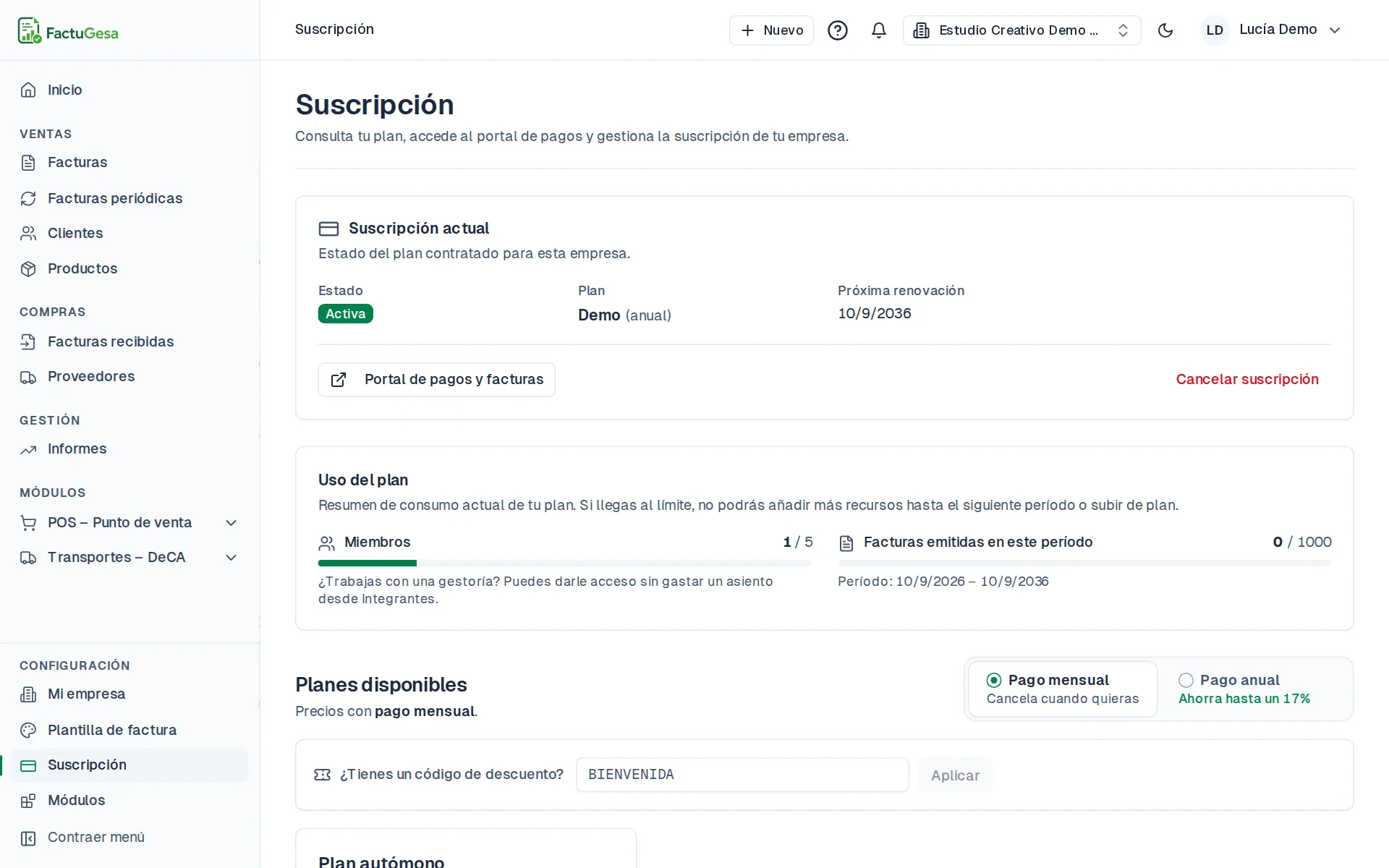 Pantalla de suscripción con los planes disponibles