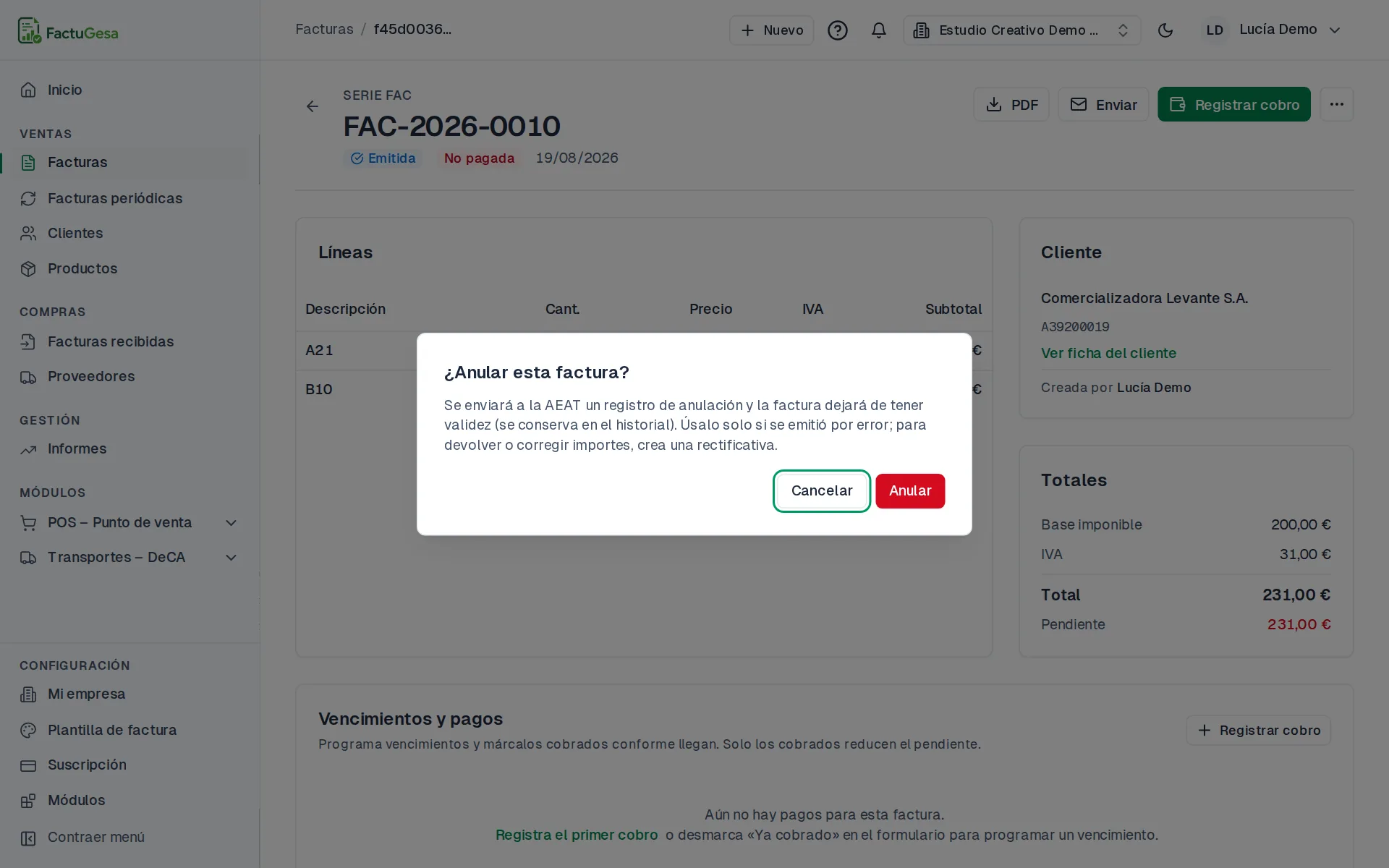 Confirmación para anular la factura