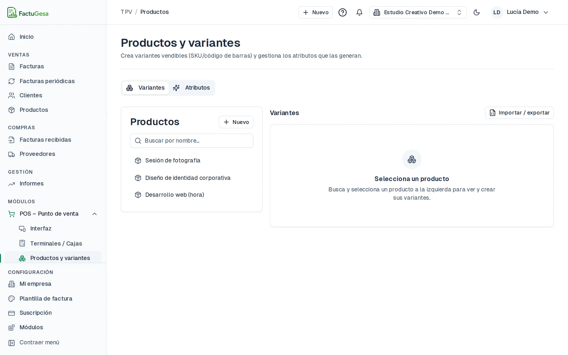 Catálogo de productos del TPV